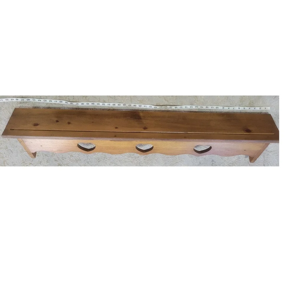 Vintage Pine Wood Wall Shelf Heart Cutouts 4 Pegs Plate Groove Farmhouse 48